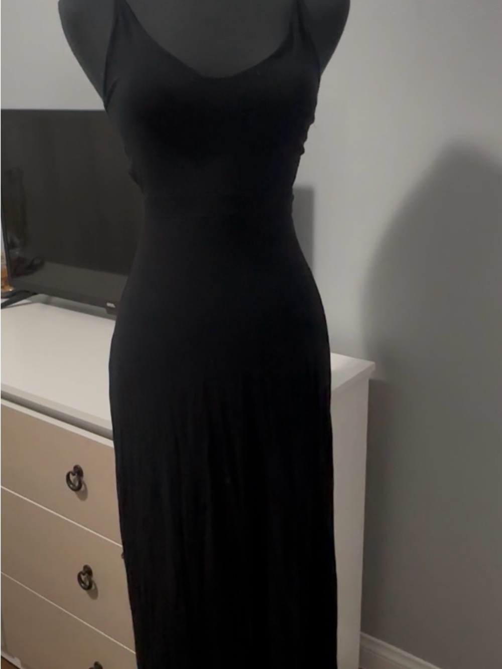 Women's Black Maxi Dress with V-Neck and Slim Straps